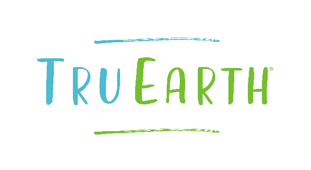 Tru Earth Logo, in a friendly printed font in blue and green